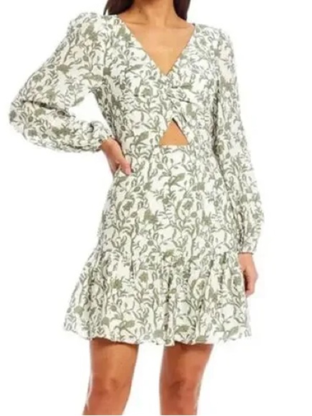 Lucy Paris Sage Green Floral V-Neck Tiered Mini Dress